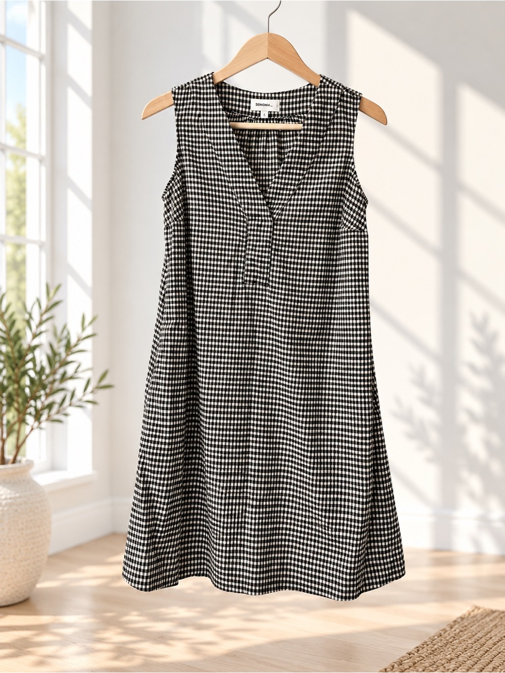 Sonoma Black & White Gingham V-Neck Sleeveless Mini Dress